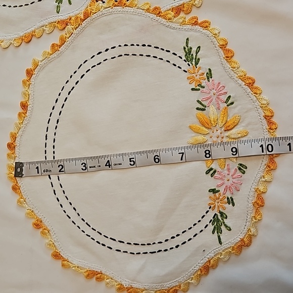 Hand Crafted Needlepoint Doily Circular Set-5 Botanical yellow floral farmhouse - Picture 12 of 17